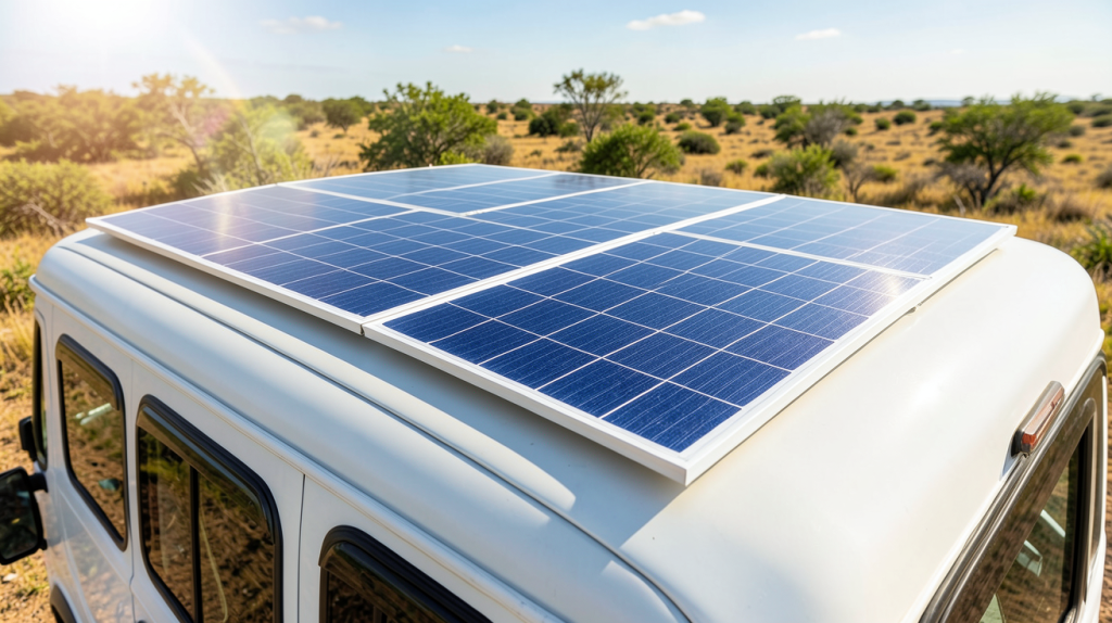 panneau solaire flexible installé sur le toit d'un van de voyage sous le soleil.