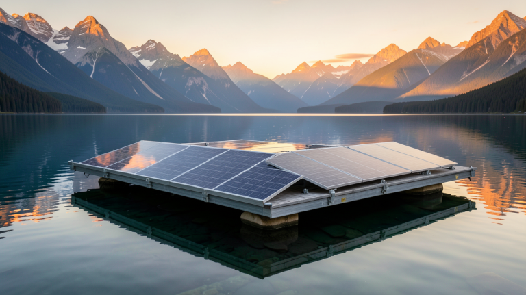 panneau solaire flottant installé sur un lac moderne avec des montagnes en arrière-plan