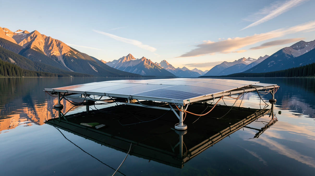 panneau solaire flottant installé sur un lac de montagne avec reflets dans l'eau et montagnes en arrière-plan