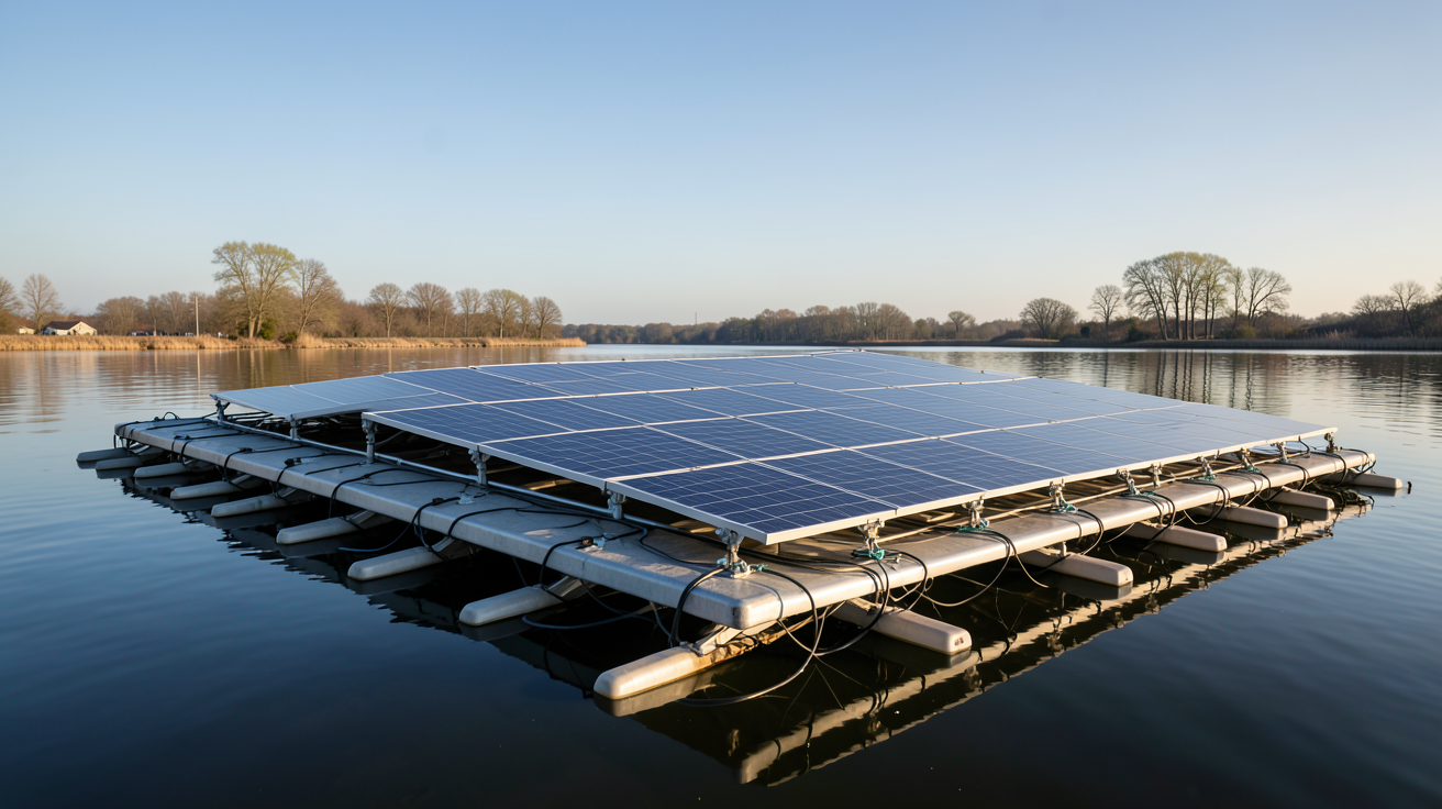 panneau solaire flottant installé sur un lac avec des flotteurs et des panneaux photovoltaïques