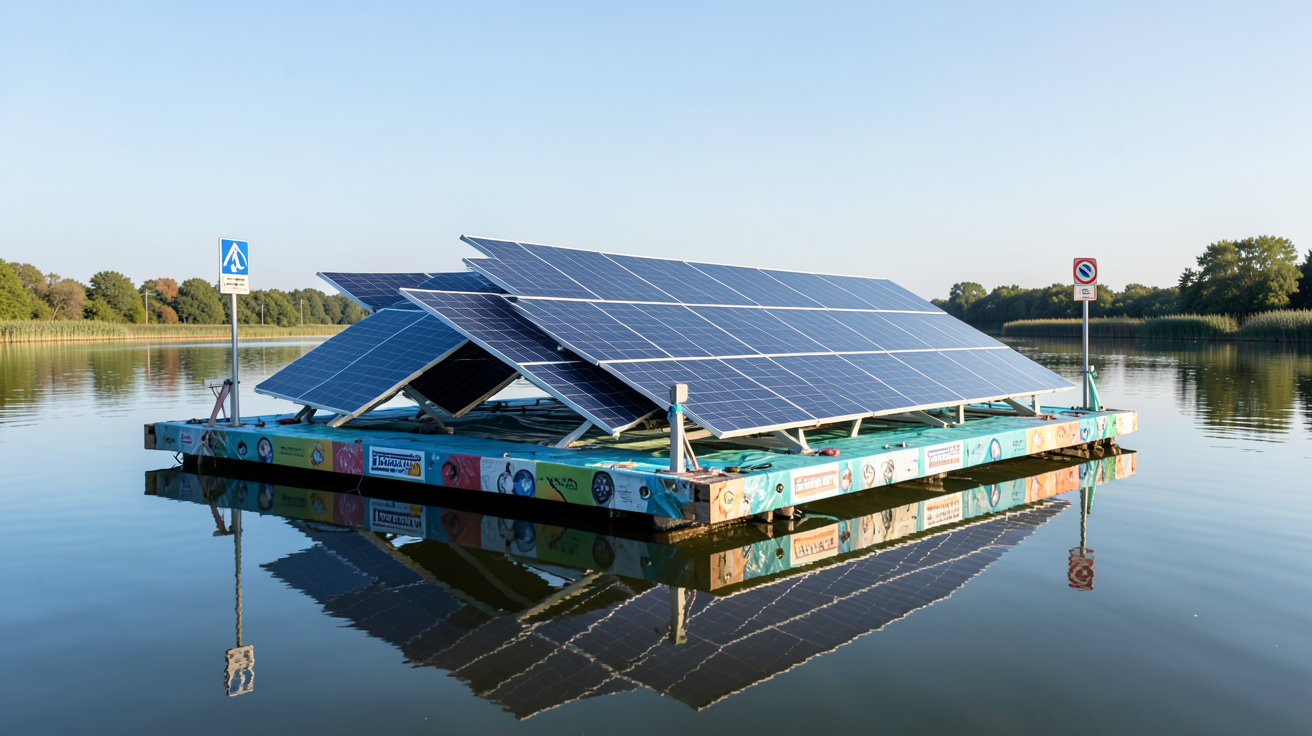 panneau solaire flottant installé sur un plan d'eau avec des panneaux photovoltaïques et une structure flottante, illustrant les types de plans d'eau et la réglementation