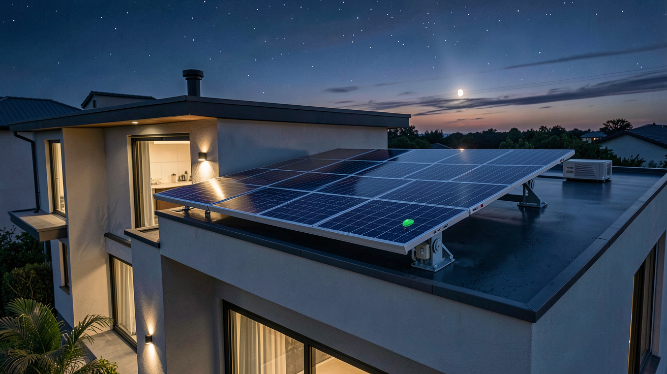 panneau solaire innovant fonctionnant la nuit installé sur le toit d'une maison moderne