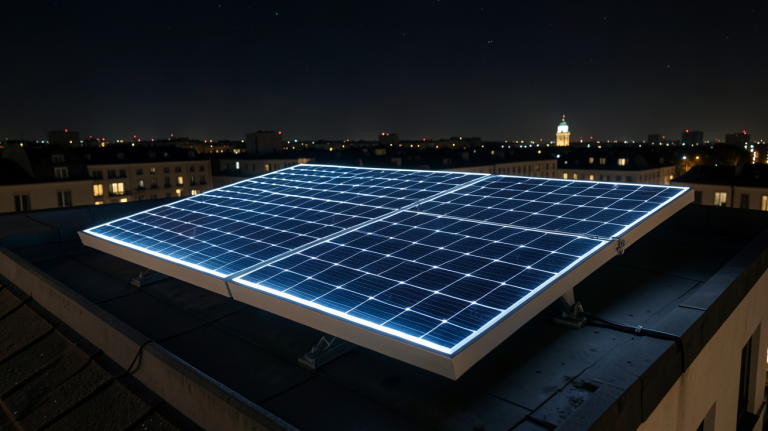 panneau solaire fonctionne sans soleil la nuit grâce à des LED intégrées sur un toit urbain