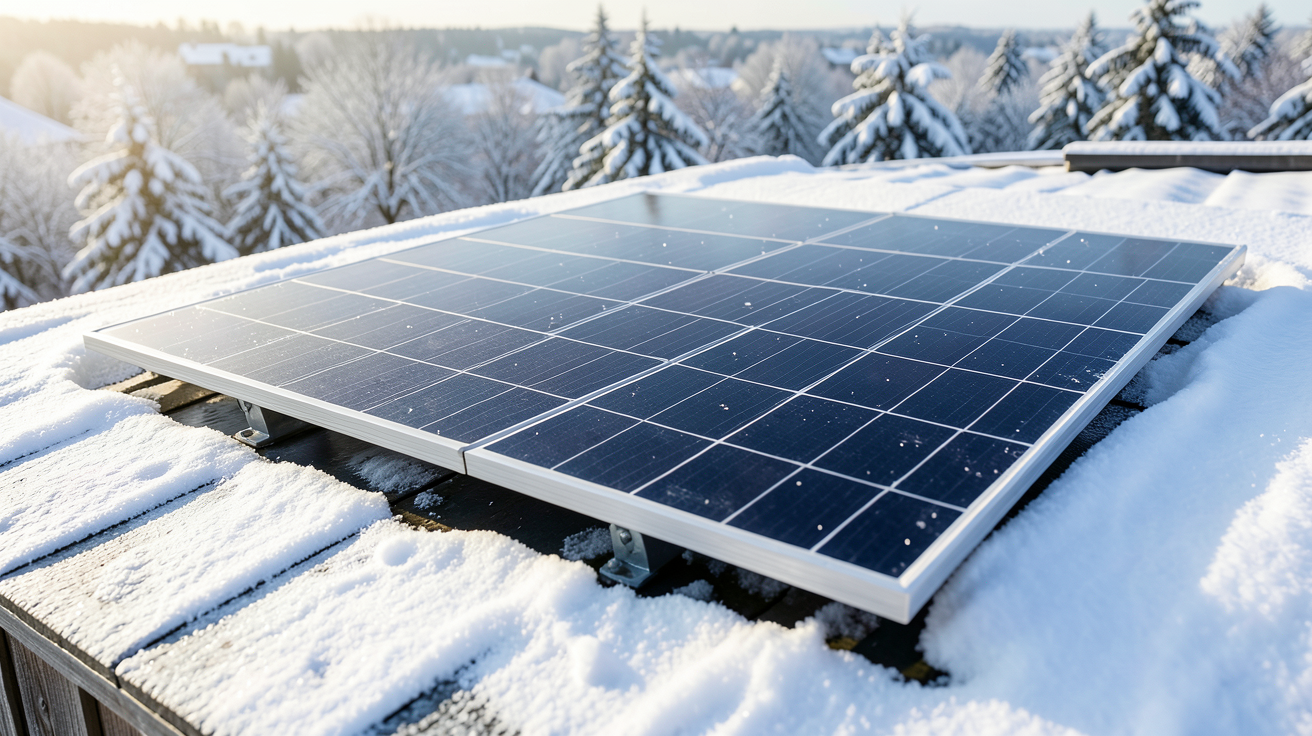 panneau solaire fonctionne sans soleil : production électrique en hiver sur un toit enneigé