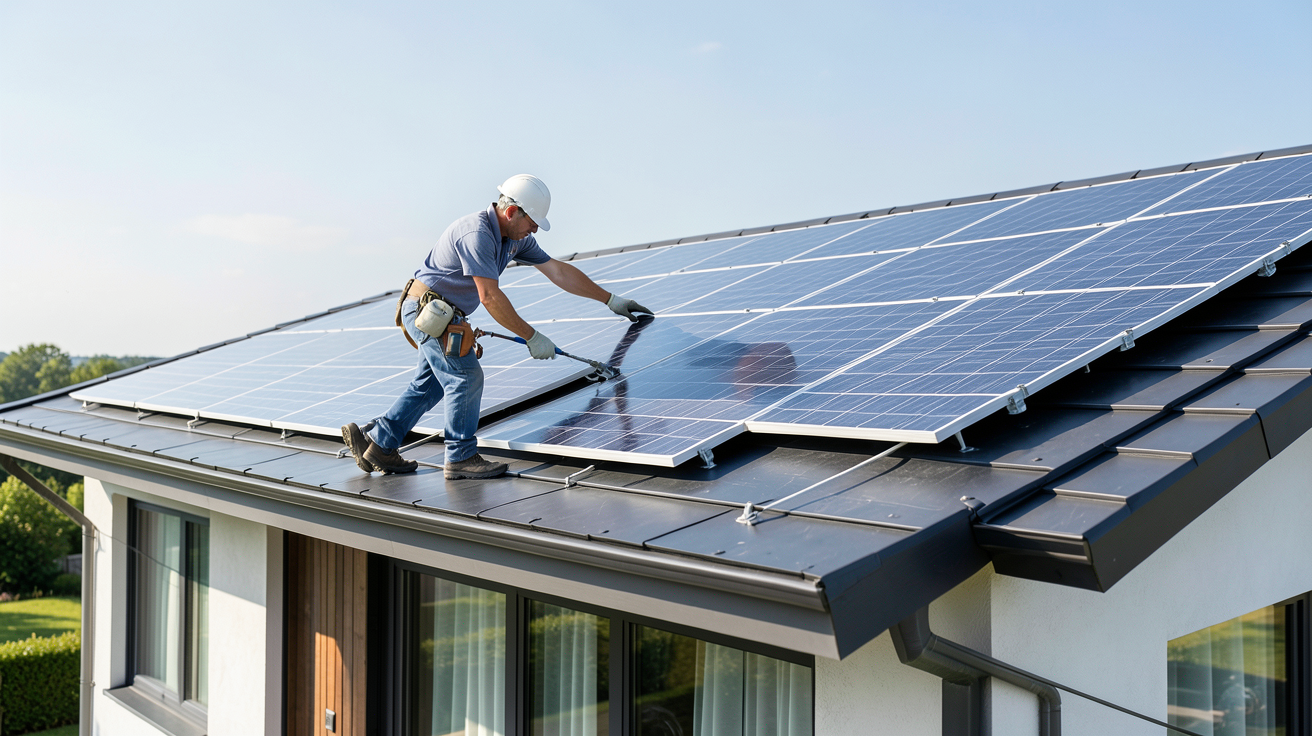 panneau solaire fournisseur installateur professionnel posant des panneaux sur toit résidentiel