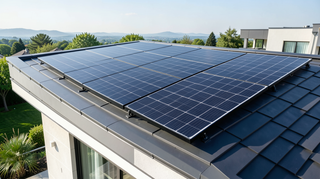 panneau solaire full black 400w installé sur le toit d'une maison moderne, capturé en pleine lumière naturelle avec des détails nets et réalistes.