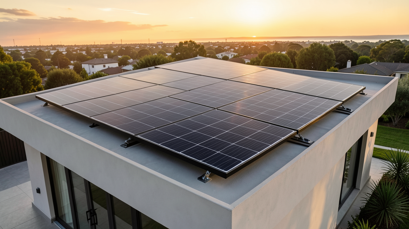 panneau solaire full black installé sur le toit d'une maison contemporaine moderne