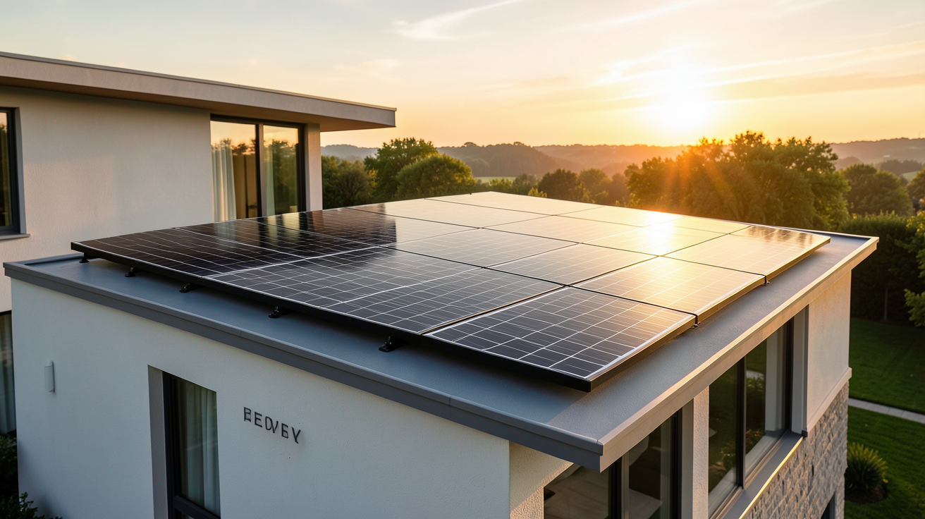 panneau solaire full black installé sur le toit d'une maison contemporaine
