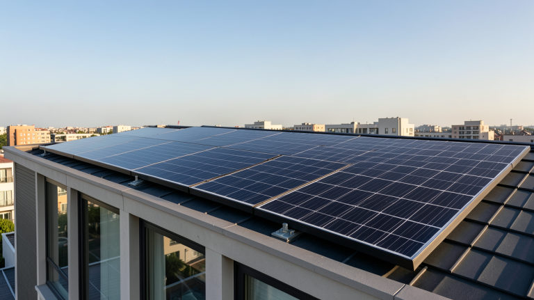 panneau solaire full black installé sur le toit d'une maison urbaine moderne