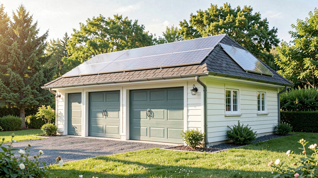panneau solaire installé sur un garage détaché avec un ciel dégagé en arrière-plan