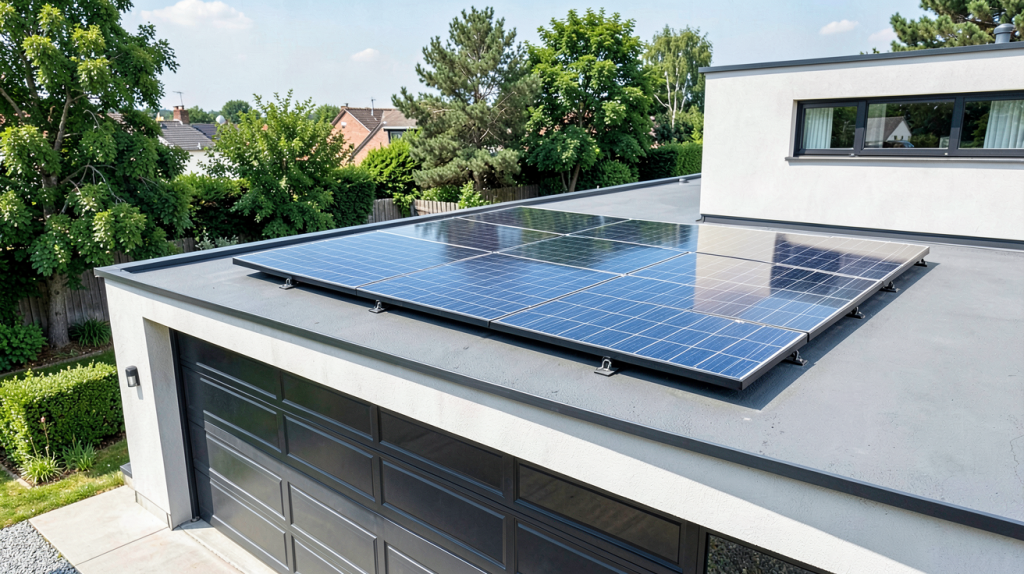 panneau solaire garage installé sur le toit d'un garage moderne avec des panneaux photovoltaïques brillants sous le soleil