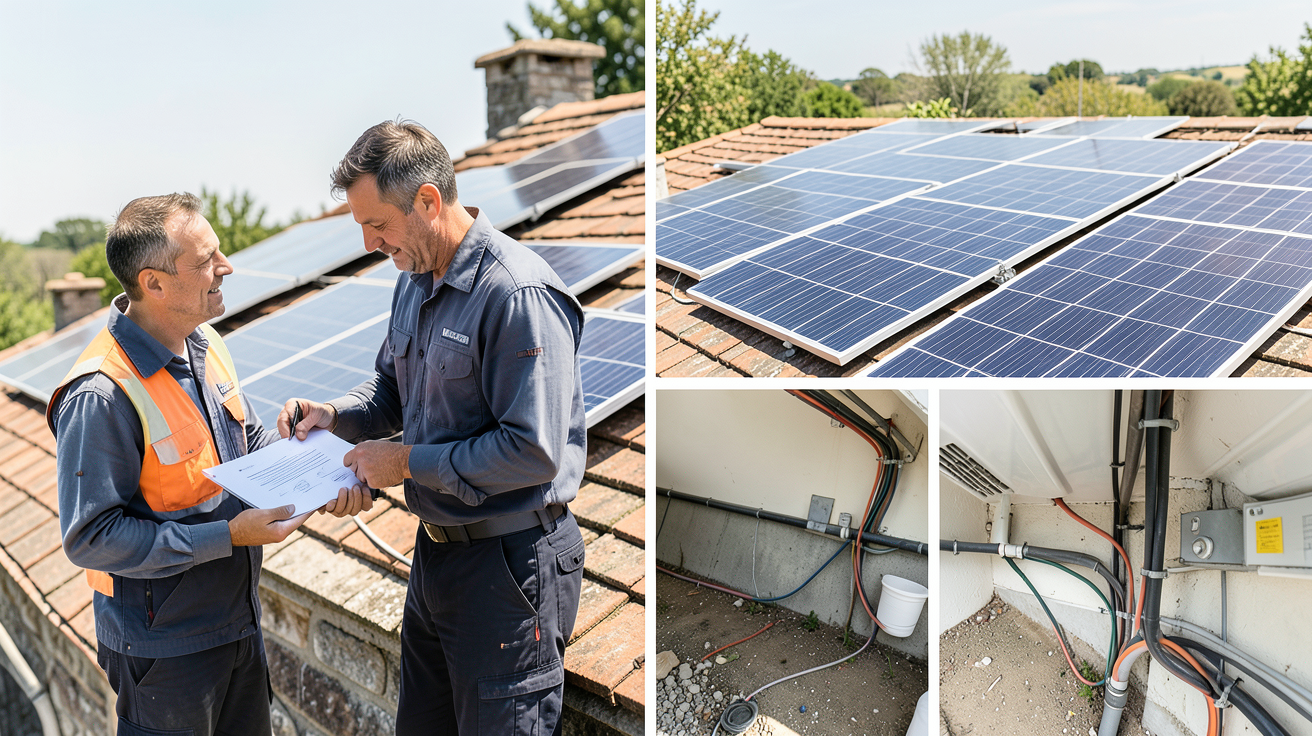 panneau solaire gironde montrant les étapes clés de l'installation : devis, pose sur toit, raccordement et mise en service