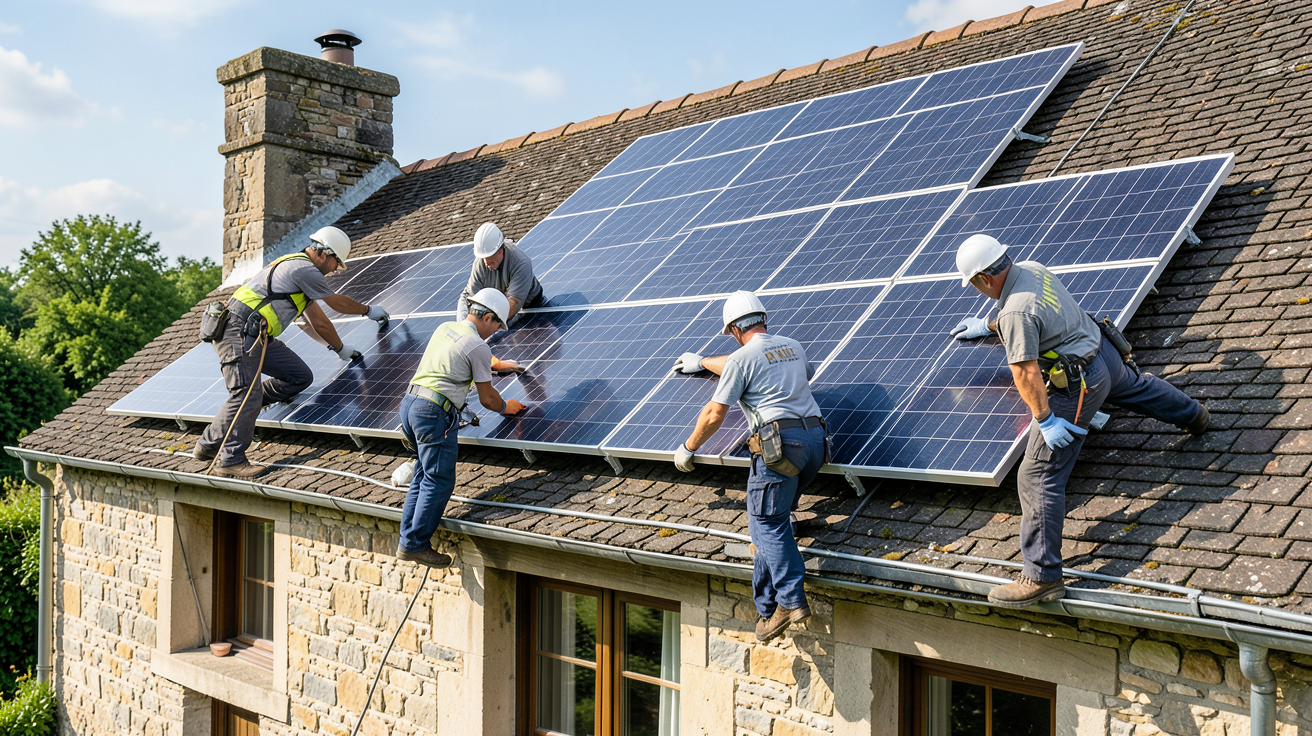 panneau solaire gironde cinq installateurs RGE posant des panneaux solaires sur un toit en 2026