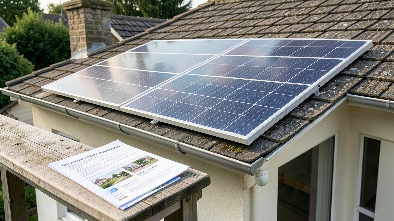 panneau solaire gouvernemental installé sur le toit d'une maison avec documents d'aides financières à côté