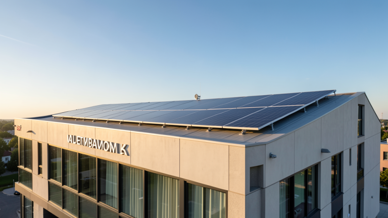 panneau solaire gouvernement installé sur le toit d'un bâtiment public moderne