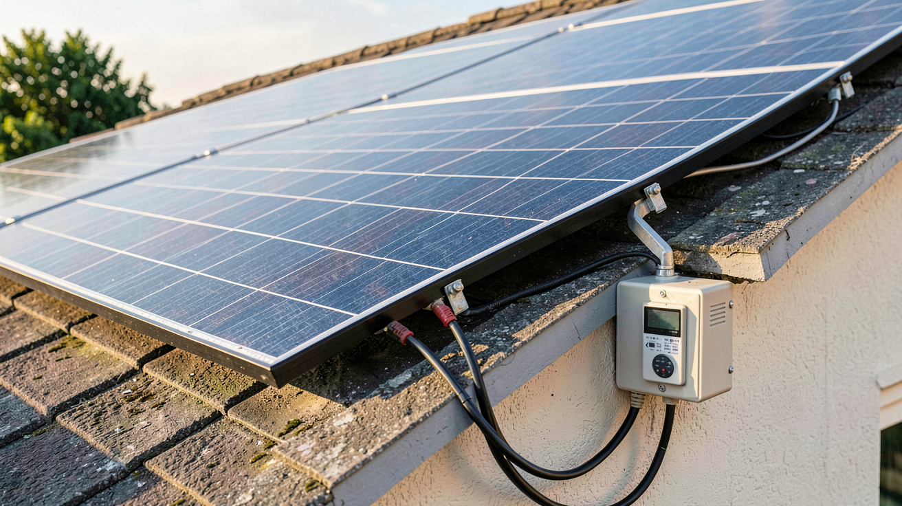 panneau solaire groupe Verlaine illustrant la revente du surplus d'électricité avec compteur et câbles connectés