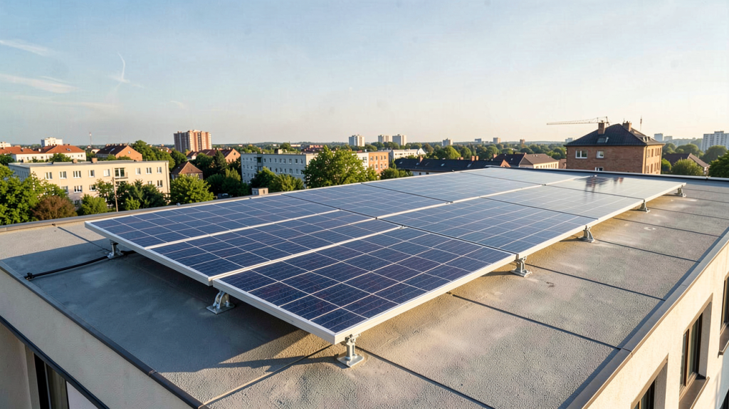 panneau solaire groupe Verlaine installé sur le toit d'une maison en milieu urbain