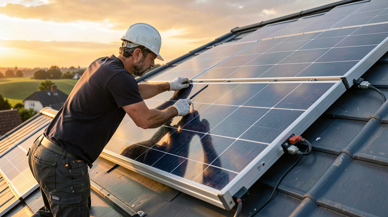 panneau solaire haut rendement installé sur un toit avec un professionnel en action