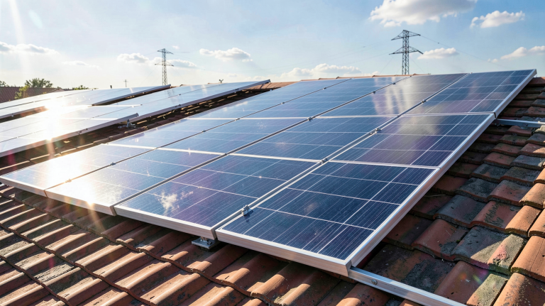 panneau solaire haut rendement prix visible sur des panneaux solaires installés sur un toit ensoleillé, image réaliste optimisée SEO