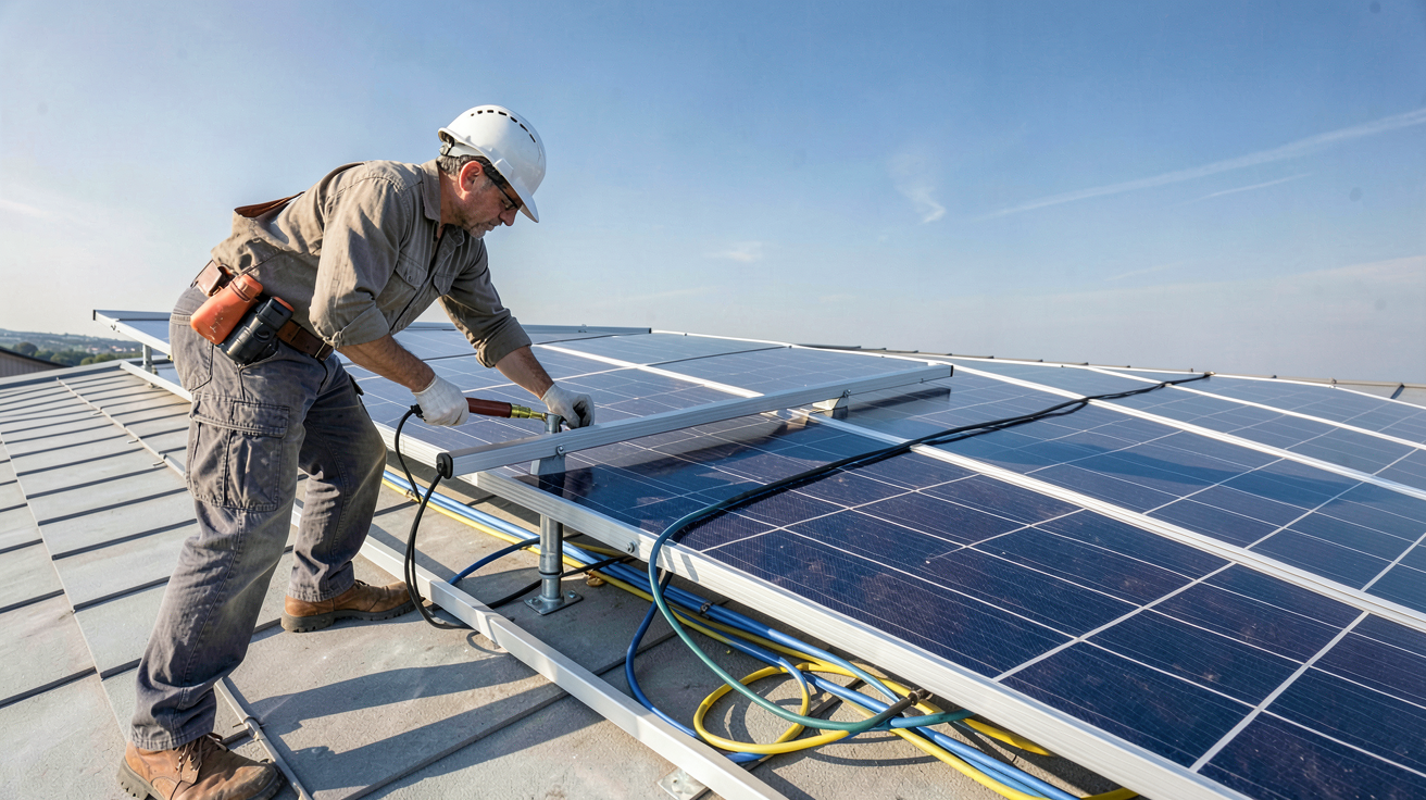 panneau solaire haute performance en cours d'installation par un technicien sur un toit résidentiel