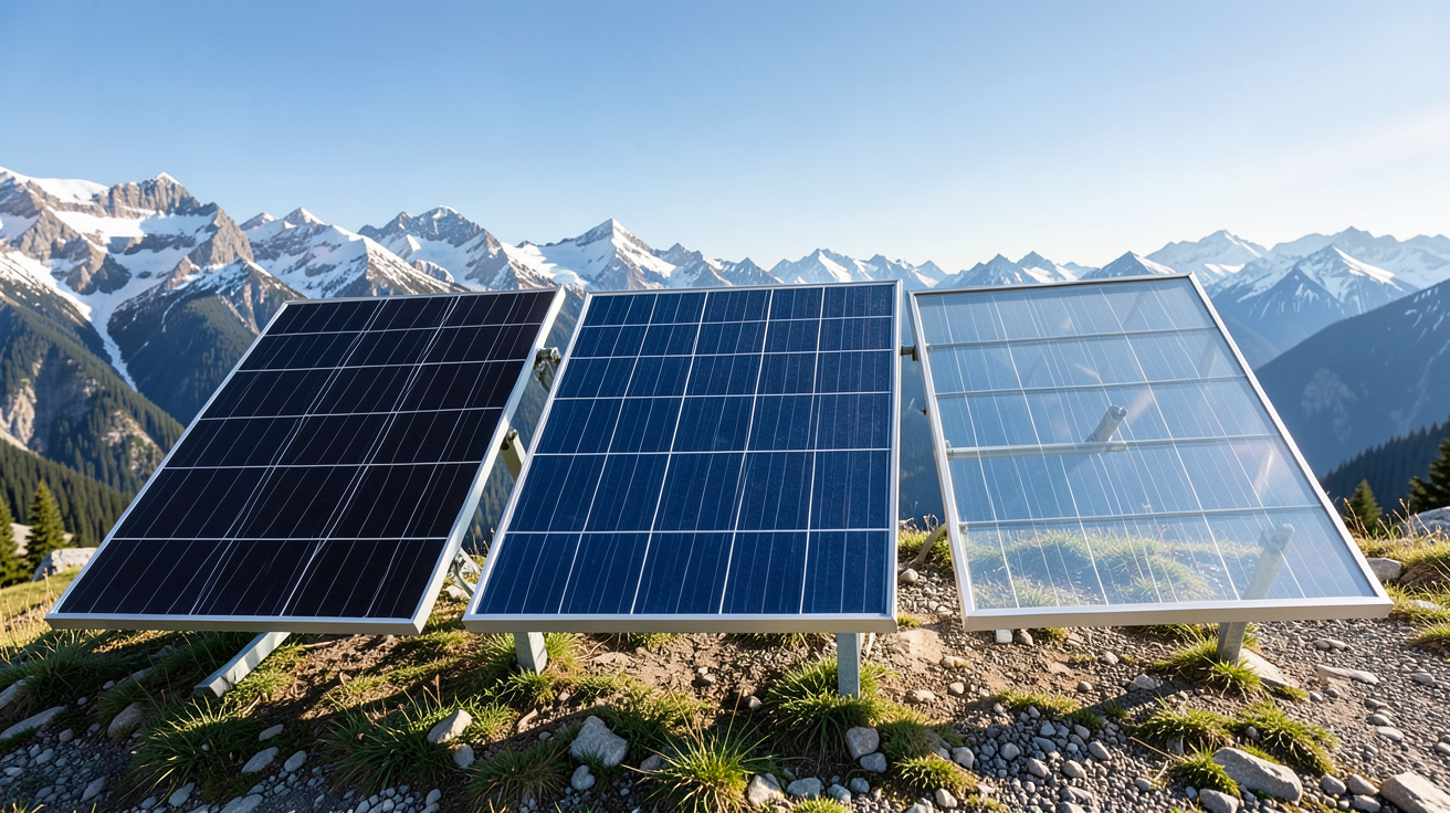 panneau solaire haute savoie comparaison entre monocristallin polycristallin et bifacial sur support incliné avec montagnes enneigées en arrière-plan