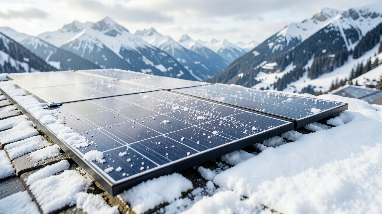 panneau solaire installé sur un toit enneigé en Haute-Savoie avec montagnes en arrière-plan