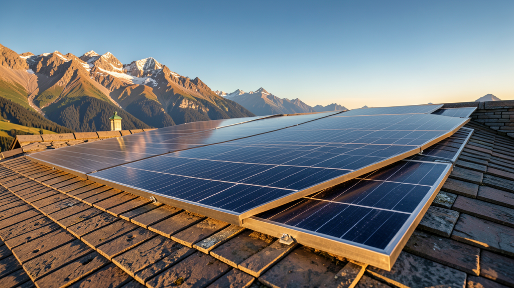 panneau solaire installé sur un toit en montagne dans la Haute-Savoie avec un ciel bleu dégagé