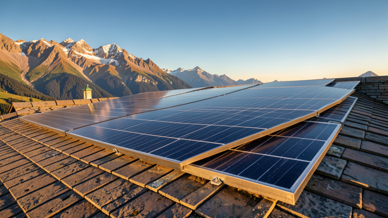 panneau solaire installé sur un toit en montagne dans la Haute-Savoie avec un ciel bleu dégagé