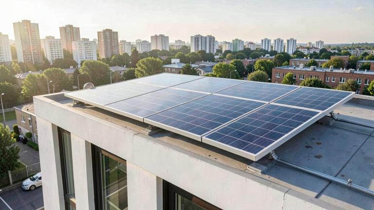 panneau solaire Huawei installé sur le toit d'une maison en milieu urbain