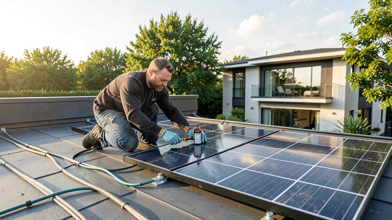 panneau solaire Huawei en cours d'installation sur un toit résidentiel moderne par un technicien
