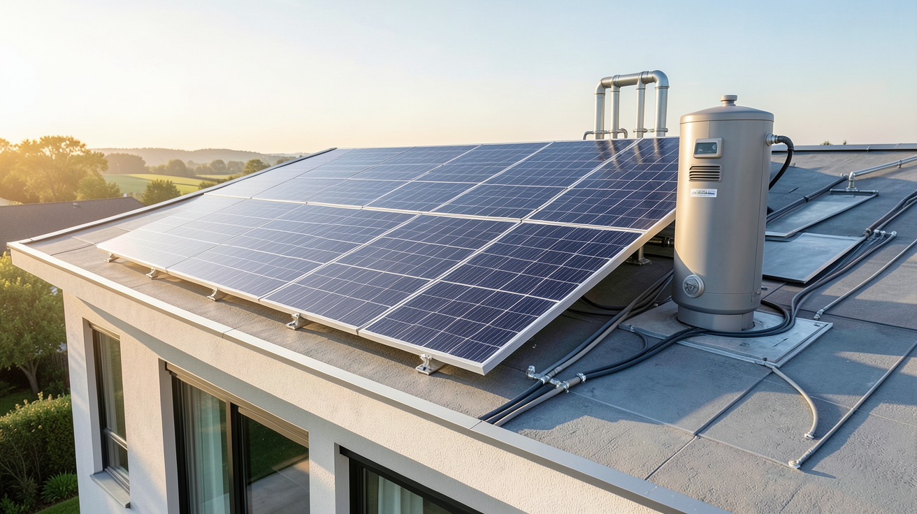 panneau solaire hybride combiné avec un ballon de stockage et un système de chauffage au sol sur une maison moderne
