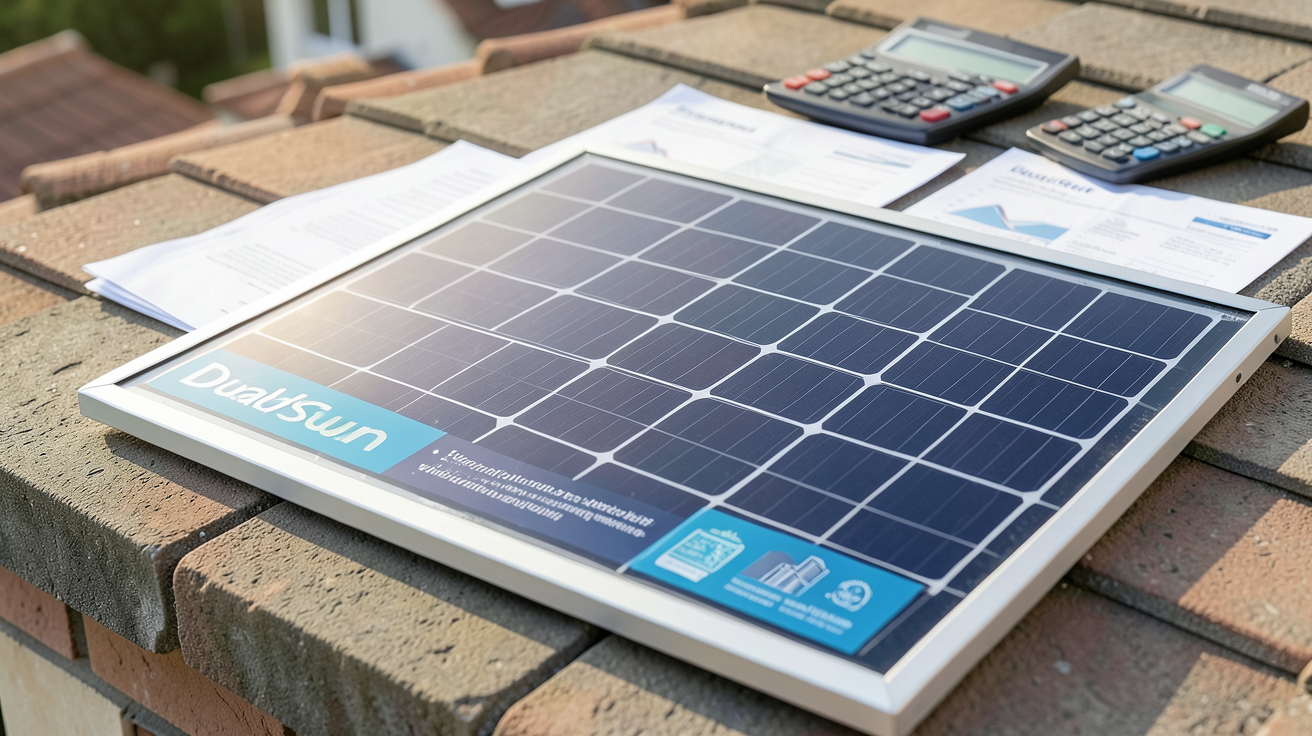 panneau solaire hybride DualSun avec documents d'aides financières et subventions en arrière-plan