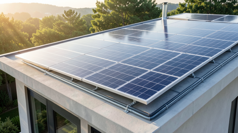 panneau solaire hybride DualSun installé sur le toit d'une maison moderne avec vue sur le ciel