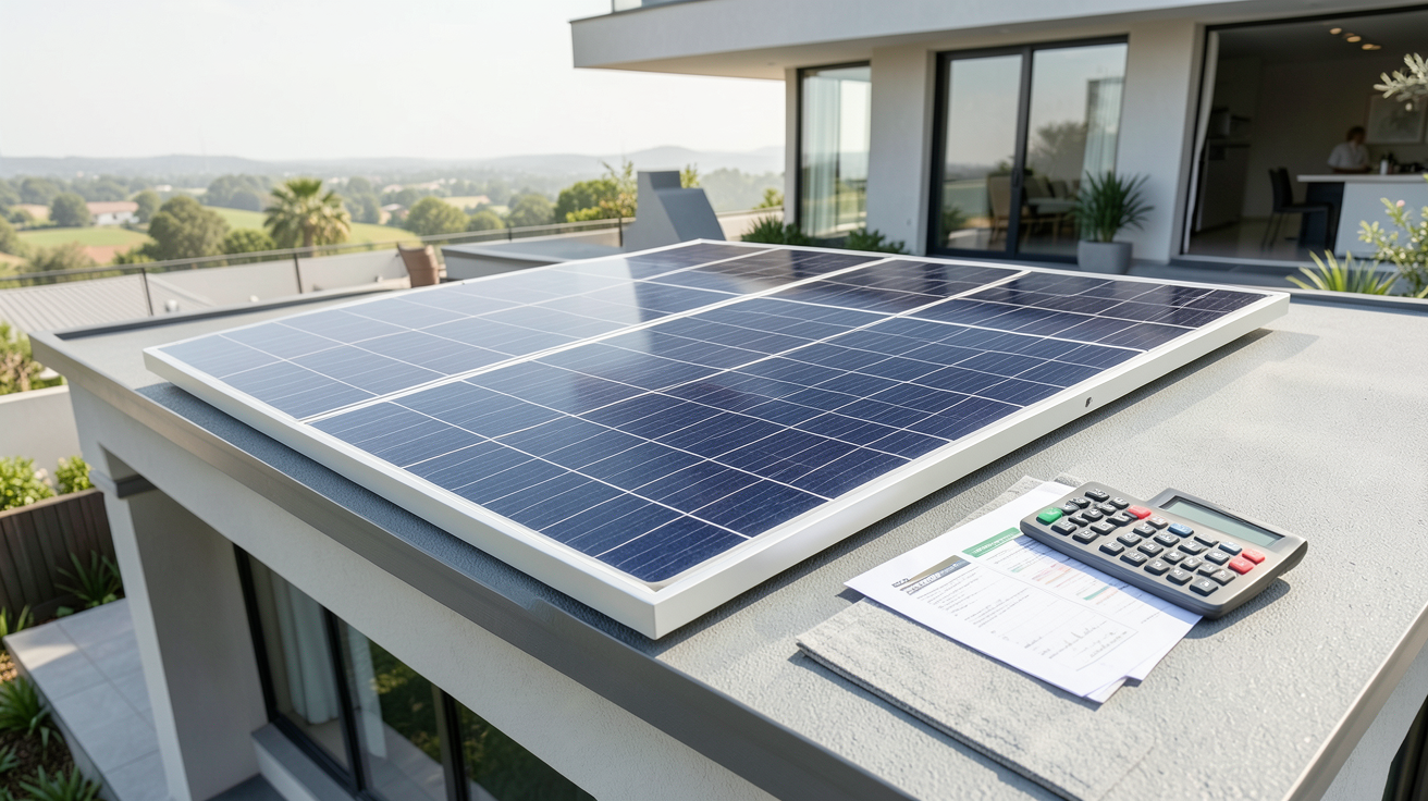 panneau solaire hybride de nouvelle génération installé sur un toit avec des documents financiers et calculatrices