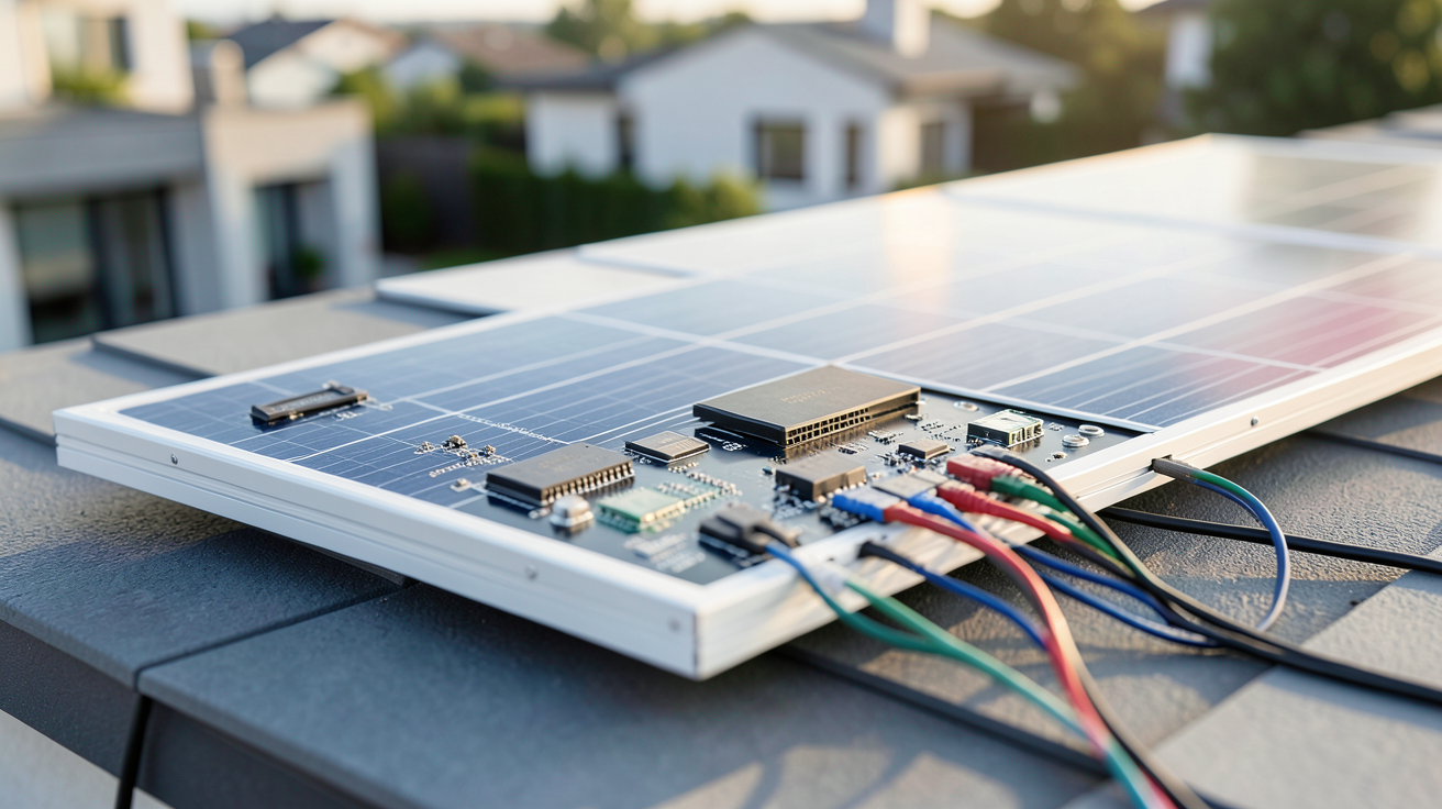 panneau solaire hybride installé sur un toit avec vue détaillée des composants électroniques et des câbles connectés