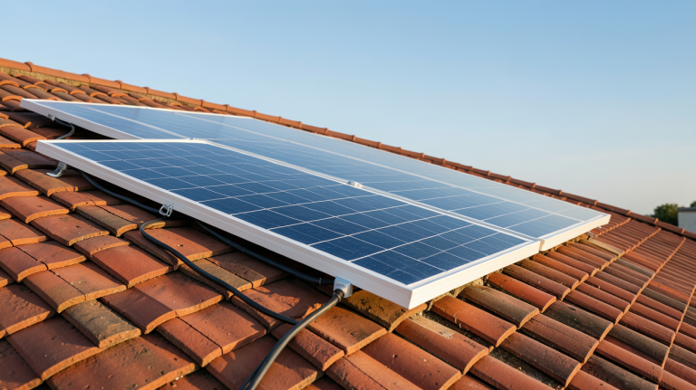 panneau solaire hybride installé sur le toit d'une maison individuelle avec ciel dégagé