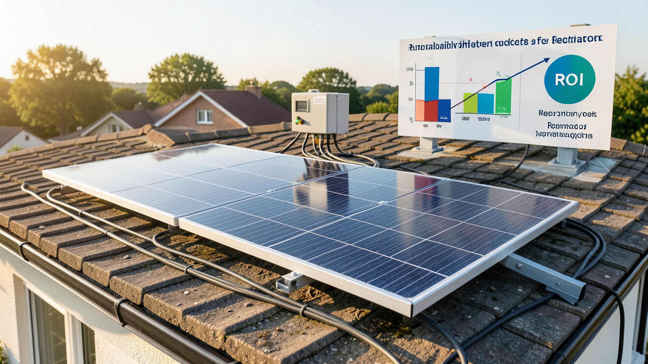panneau solaire hybride installé sur le toit d'une maison avec graphique de rentabilité et retour sur investissement en arrière-plan