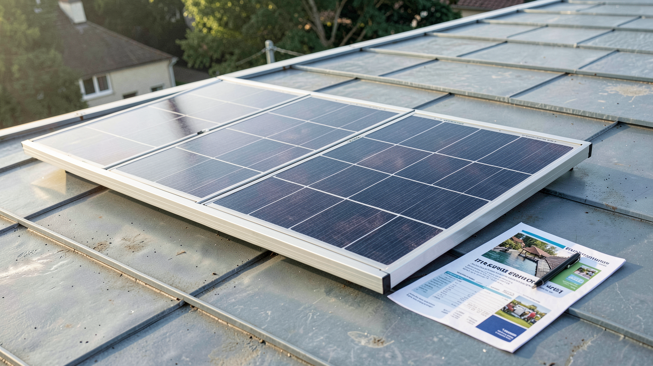 panneau solaire hydraulique posé sur un toit avec des documents financiers et un stylo à côté