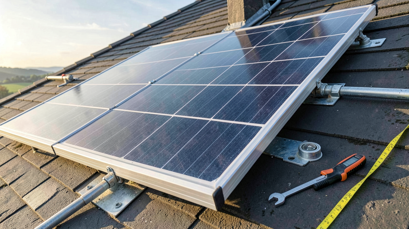panneau solaire hydraulique en cours d'installation sur un toit avec outils et schémas techniques