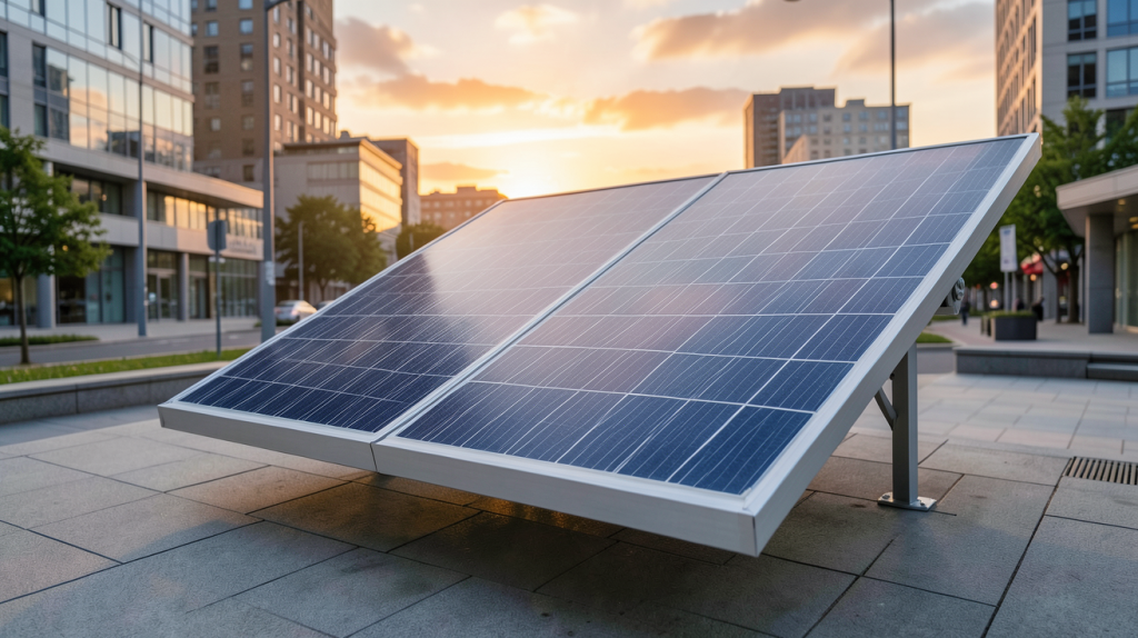 panneau solaire hydrogène installé en milieu urbain avec des détails techniques visibles