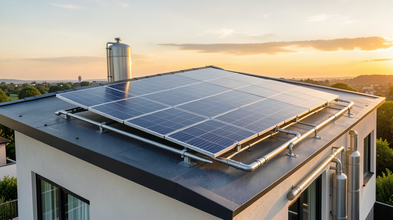 panneau solaire hydrogène installé sur le toit d'une maison moderne avec système de production d'hydrogène vert