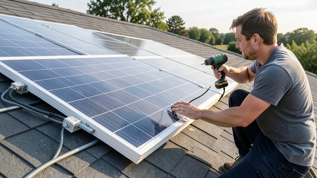 panneau solaire Hyundai 400W installé sur un toit avec un particulier vérifiant les fixations