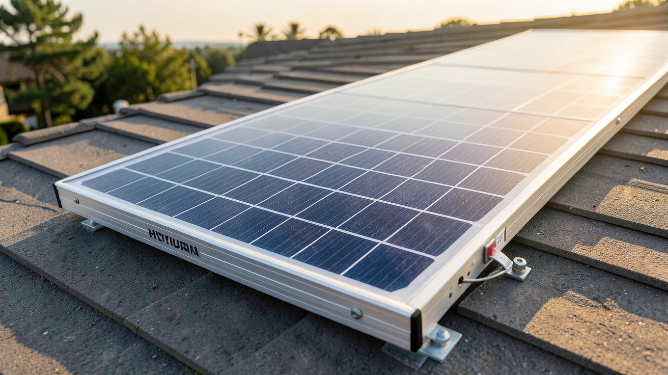 panneau solaire Hyundai 400W HiE-S400VG installé sur un toit avec détails techniques visibles