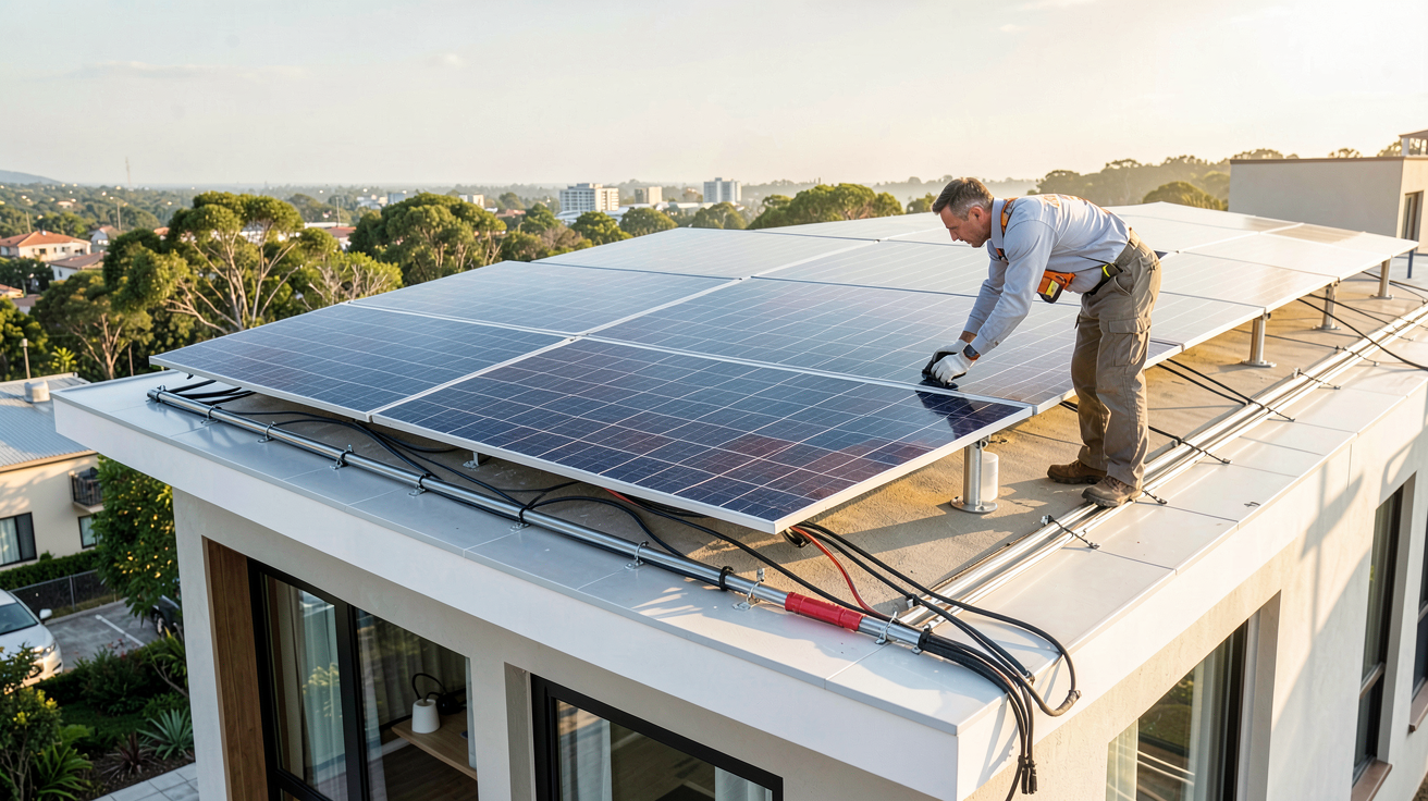 panneau solaire Hyundai installé sur le toit d'une maison moderne avec un technicien en train de vérifier les connexions