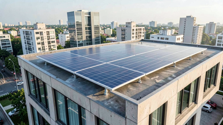 panneau solaire Hyundai installé sur le toit d'une maison urbaine moderne