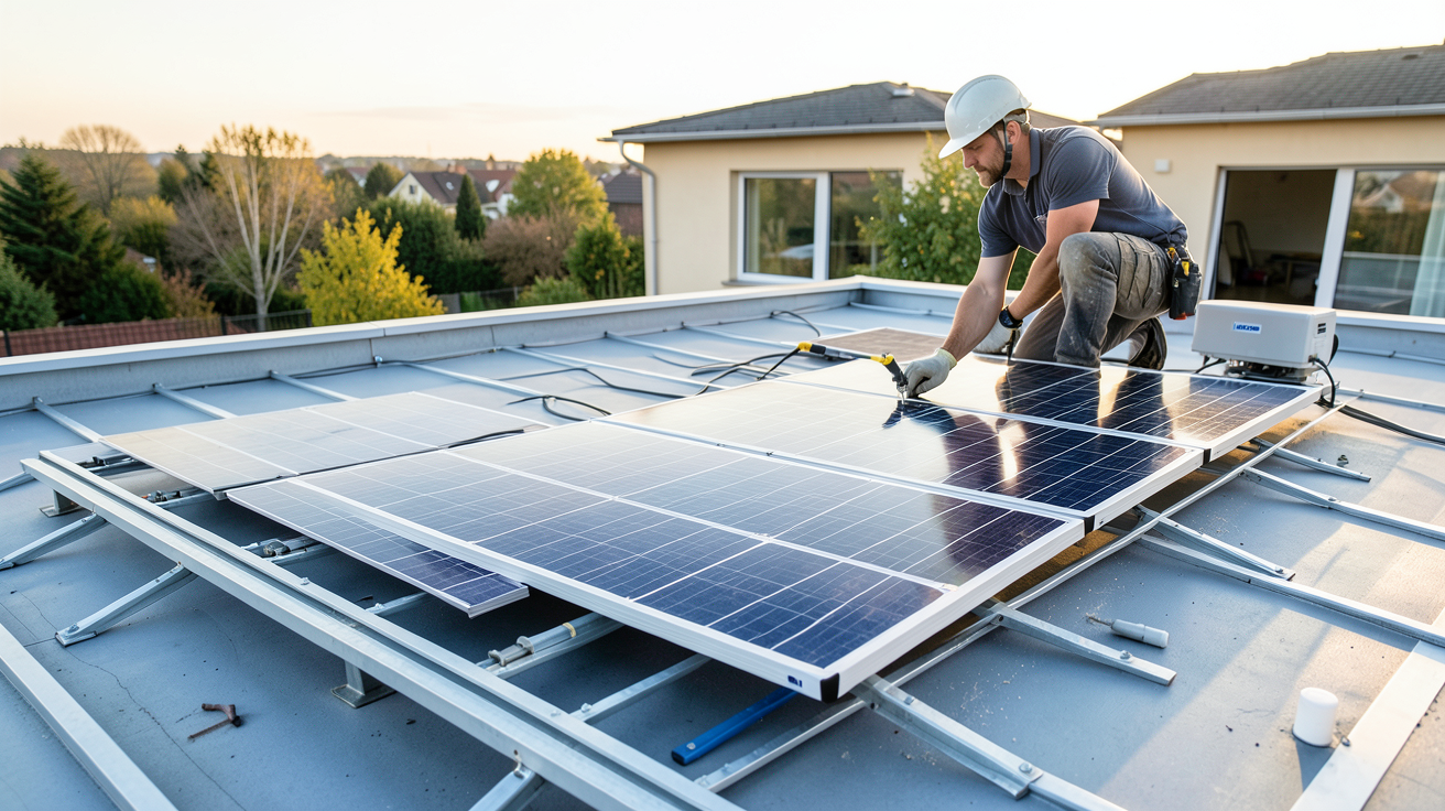 panneau solaire IKEA en cours d'installation sur un toit résidentiel par un professionnel
