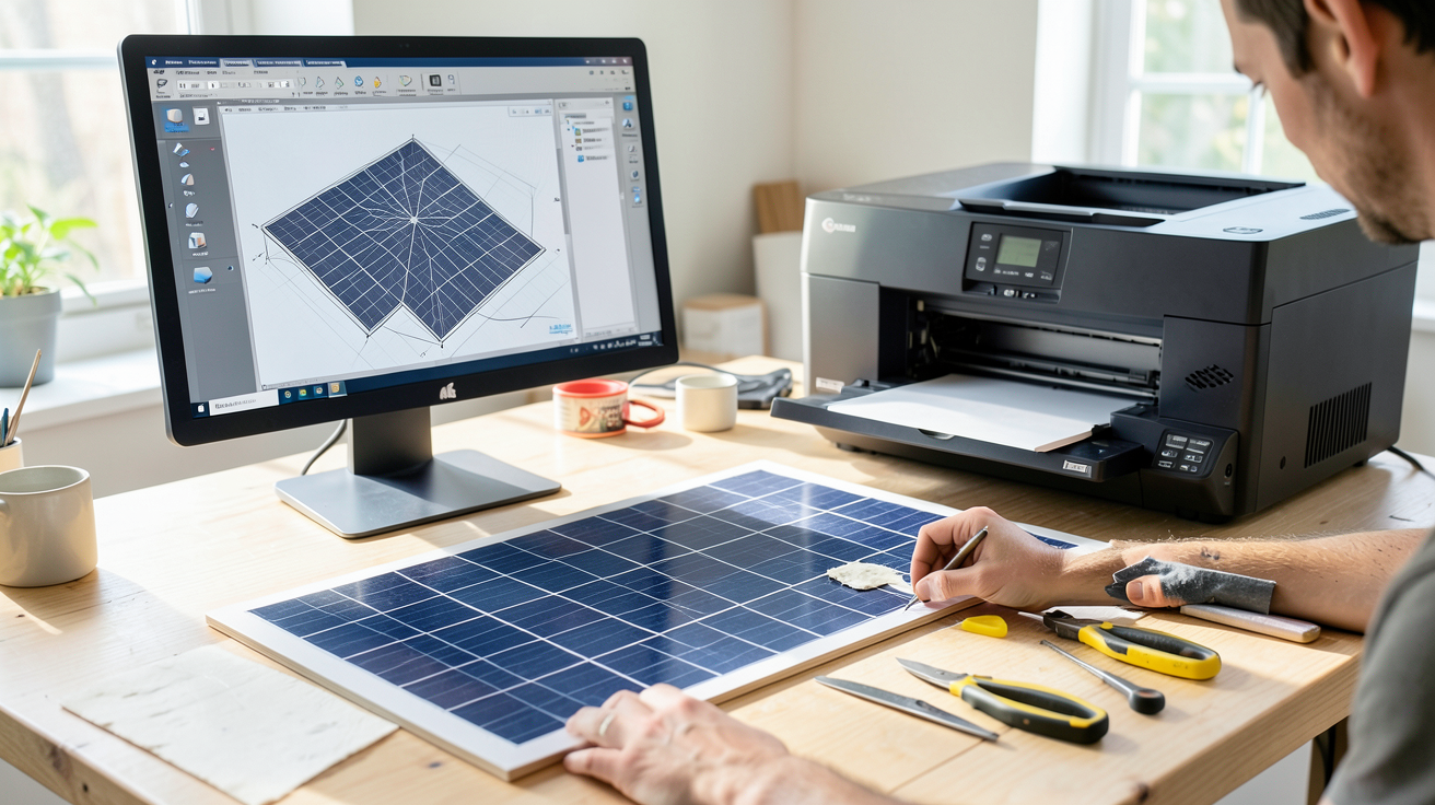 panneau solaire imprimable : tutoriel pas à pas montrant la préparation d'un fichier, l'impression et la pose