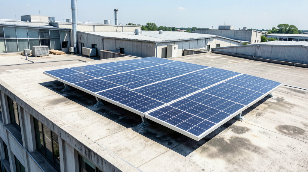 panneau solaire indépendant installé sur le toit d'un bâtiment industriel, capturé en plein jour