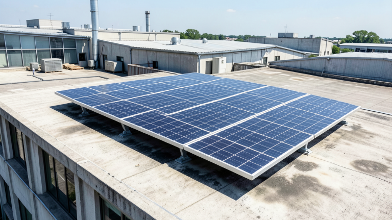 panneau solaire indépendant installé sur le toit d'un bâtiment industriel, capturé en plein jour