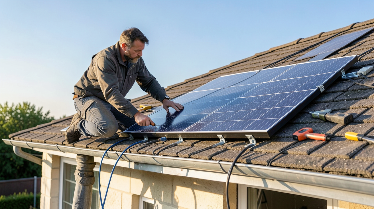 panneau solaire individuel en cours d'installation sur le toit d'une maison résidentielle